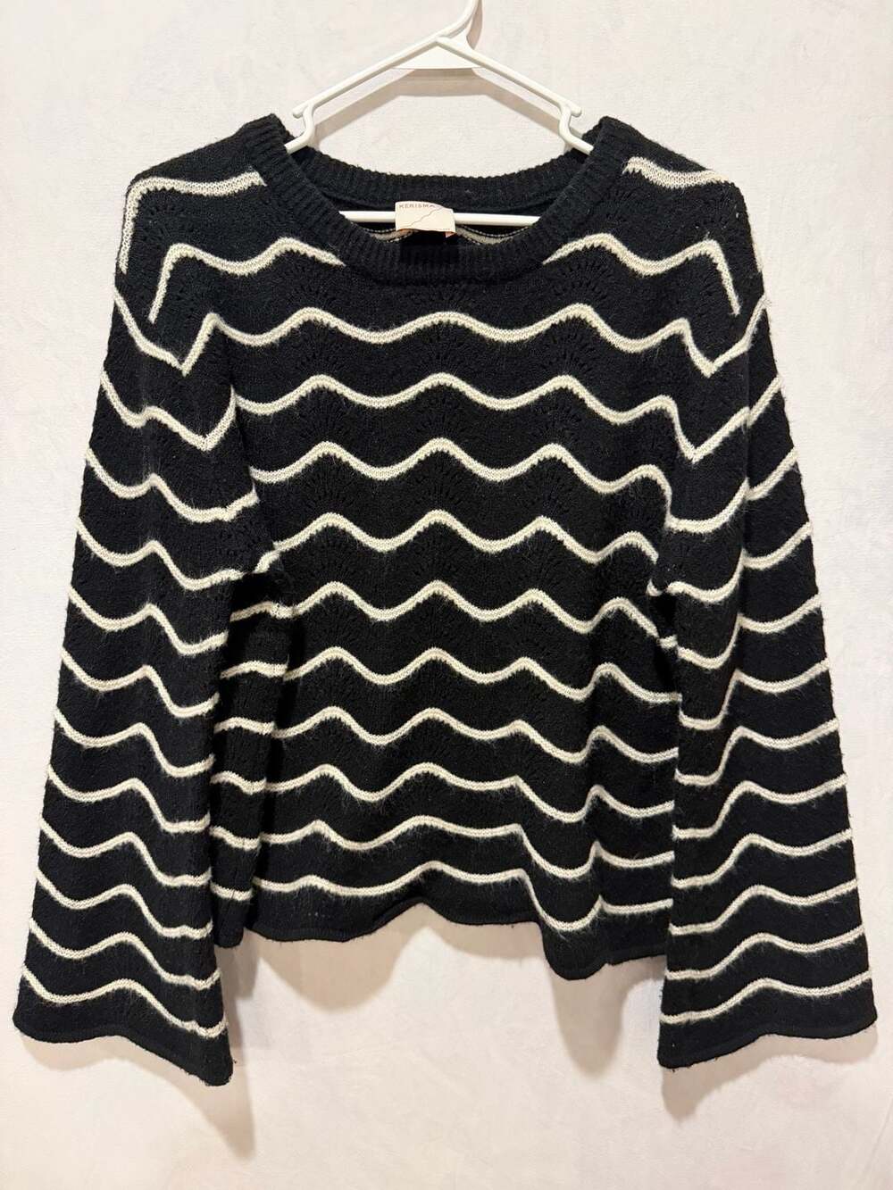 Kerisma Black and White Wave Pattern Sweater with 70s inspired bell sleeves S/M